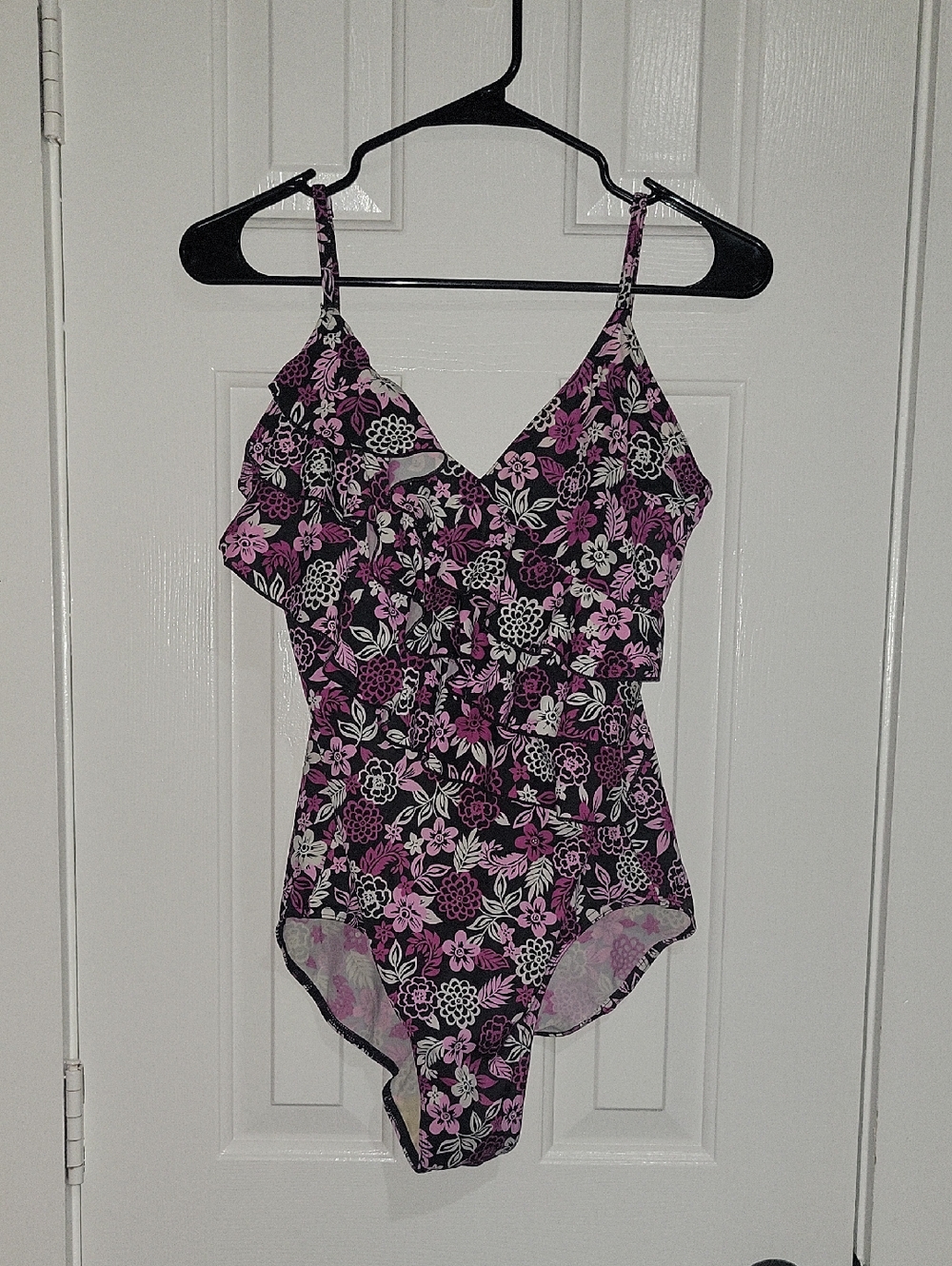 Women's Black One-Piece Swimsuit with Pink & White Floral Print